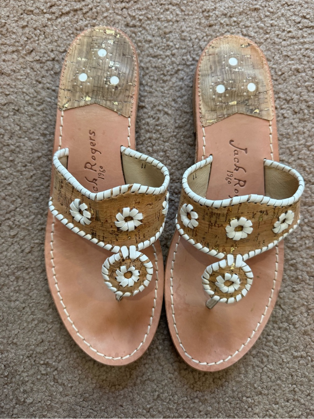 Jack Rogers Tan Cork & White Whipstitch Floral Sandals